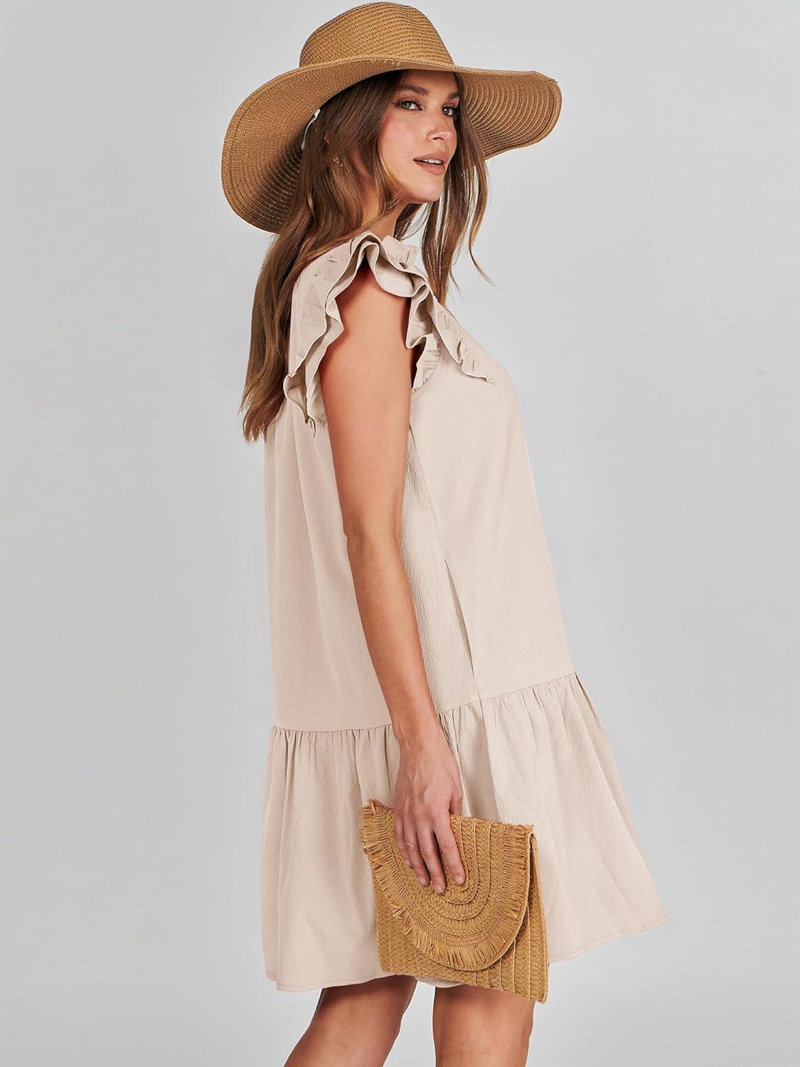 imageANRABESS Womens Summer VNeck Drawstring Ruffle Cap Short Sleeve Casual Shift Mini Dress with PocketsLight Pink