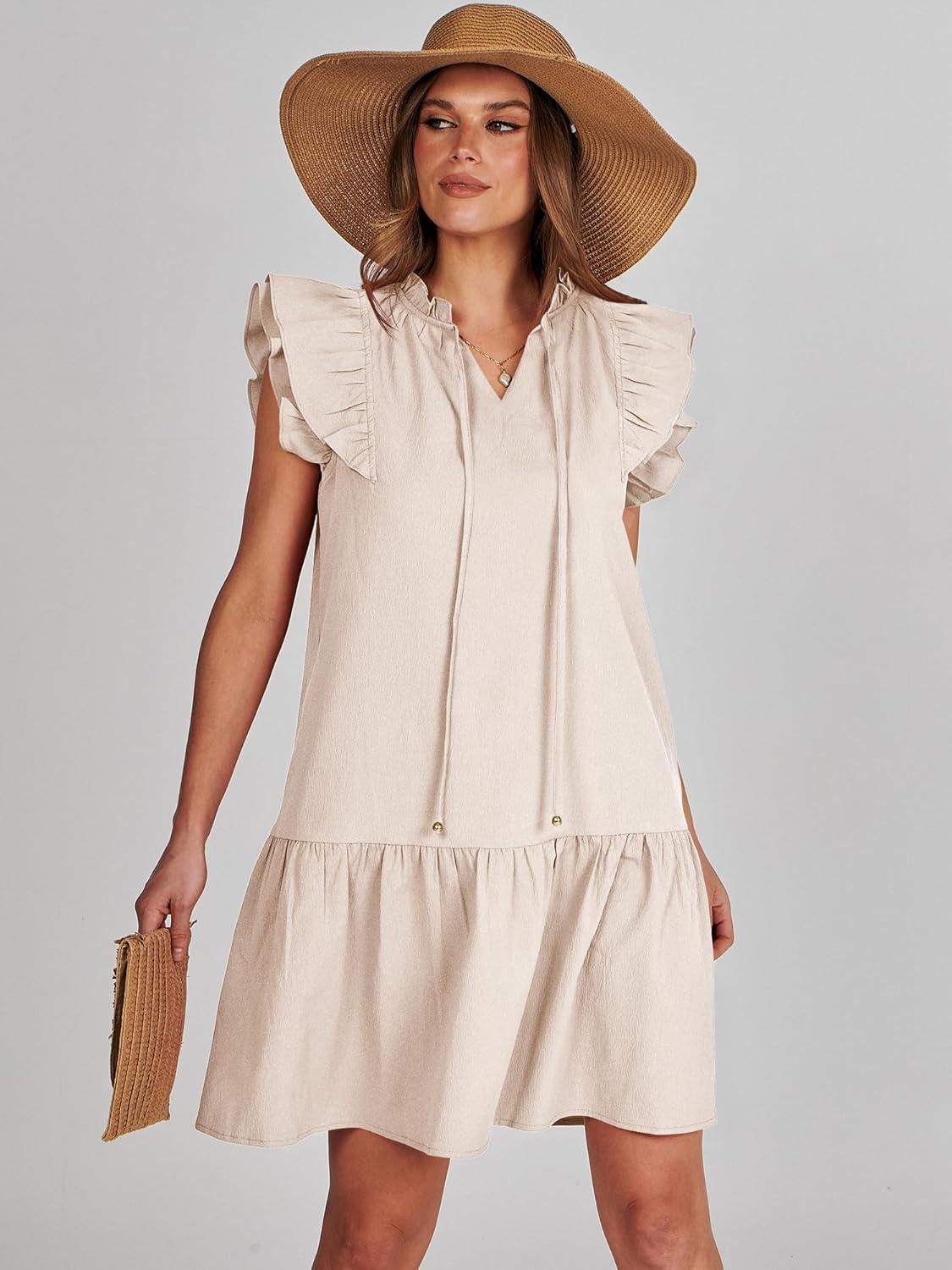 imageANRABESS Womens Summer VNeck Drawstring Ruffle Cap Short Sleeve Casual Shift Mini Dress with PocketsLight Pink