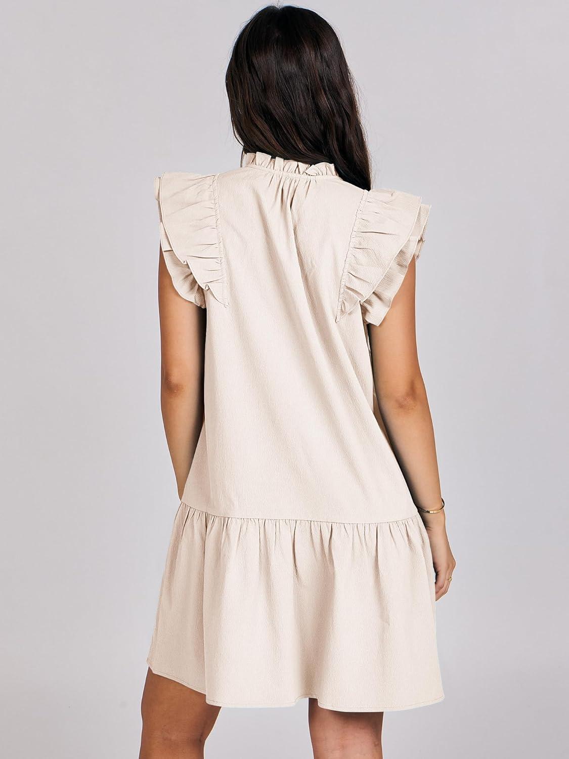 imageANRABESS Womens Summer VNeck Drawstring Ruffle Cap Short Sleeve Casual Shift Mini Dress with PocketsLight Pink