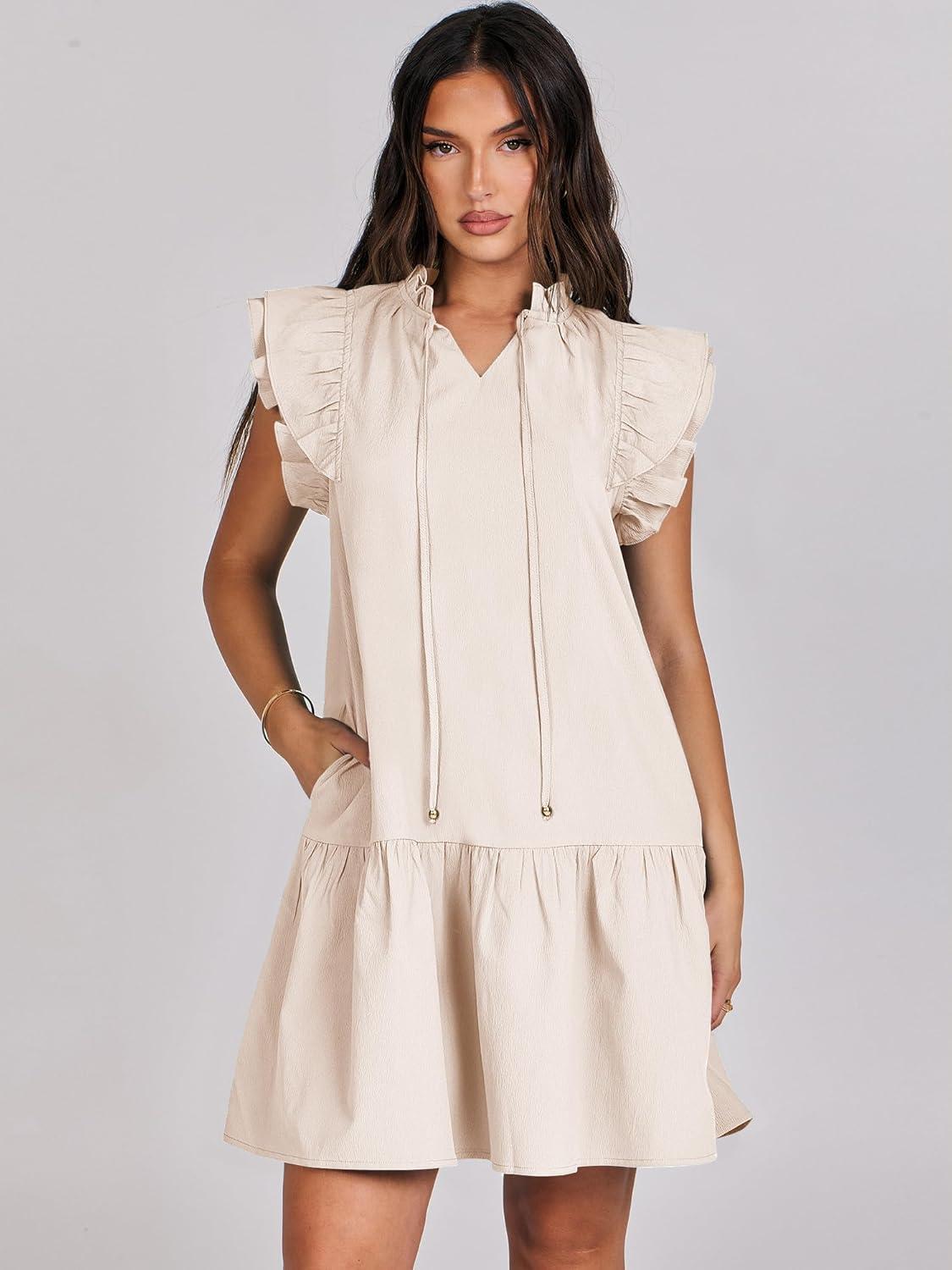 imageANRABESS Womens Summer VNeck Drawstring Ruffle Cap Short Sleeve Casual Shift Mini Dress with PocketsLight Pink