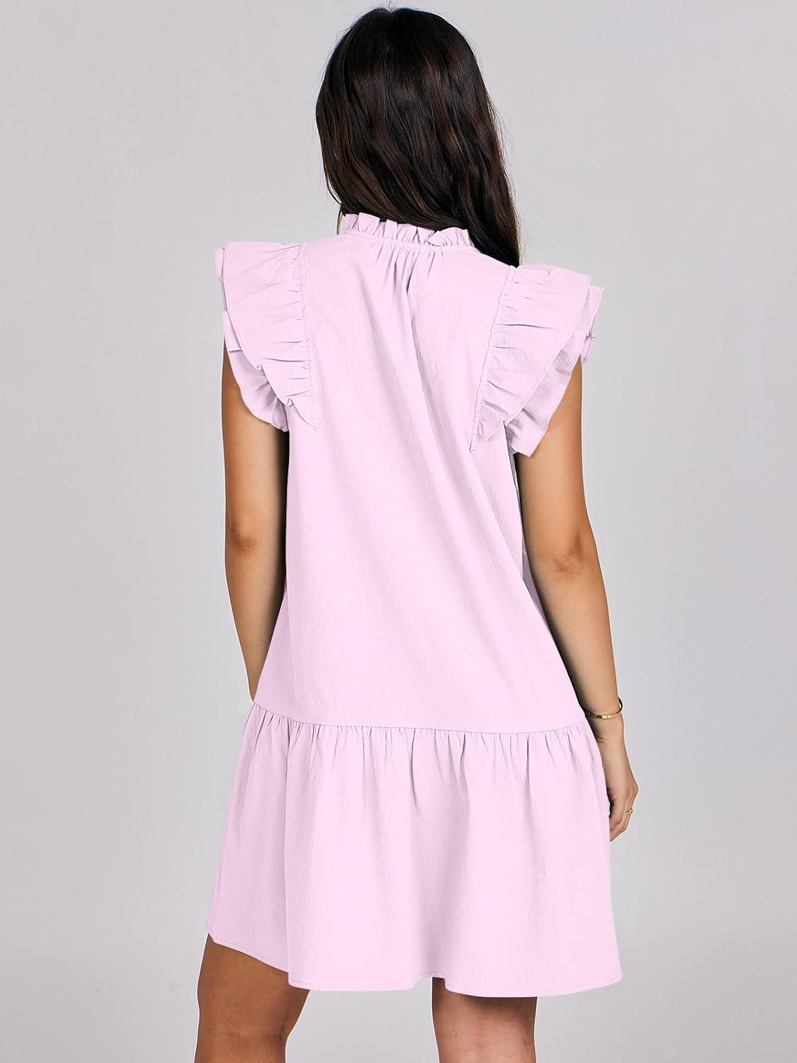 imageANRABESS Womens Summer VNeck Drawstring Ruffle Cap Short Sleeve Casual Shift Mini Dress with PocketsPink