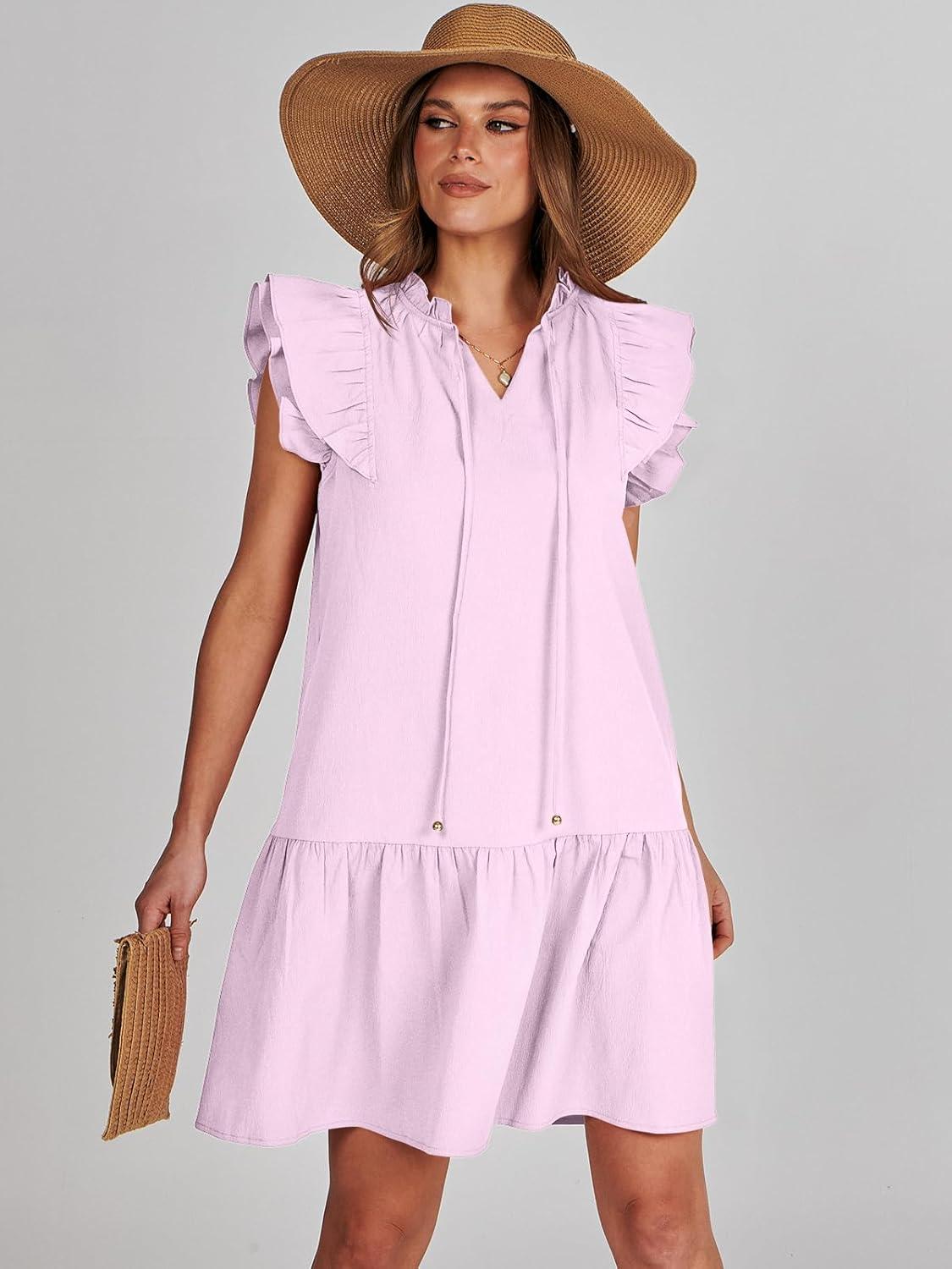 imageANRABESS Womens Summer VNeck Drawstring Ruffle Cap Short Sleeve Casual Shift Mini Dress with PocketsPink