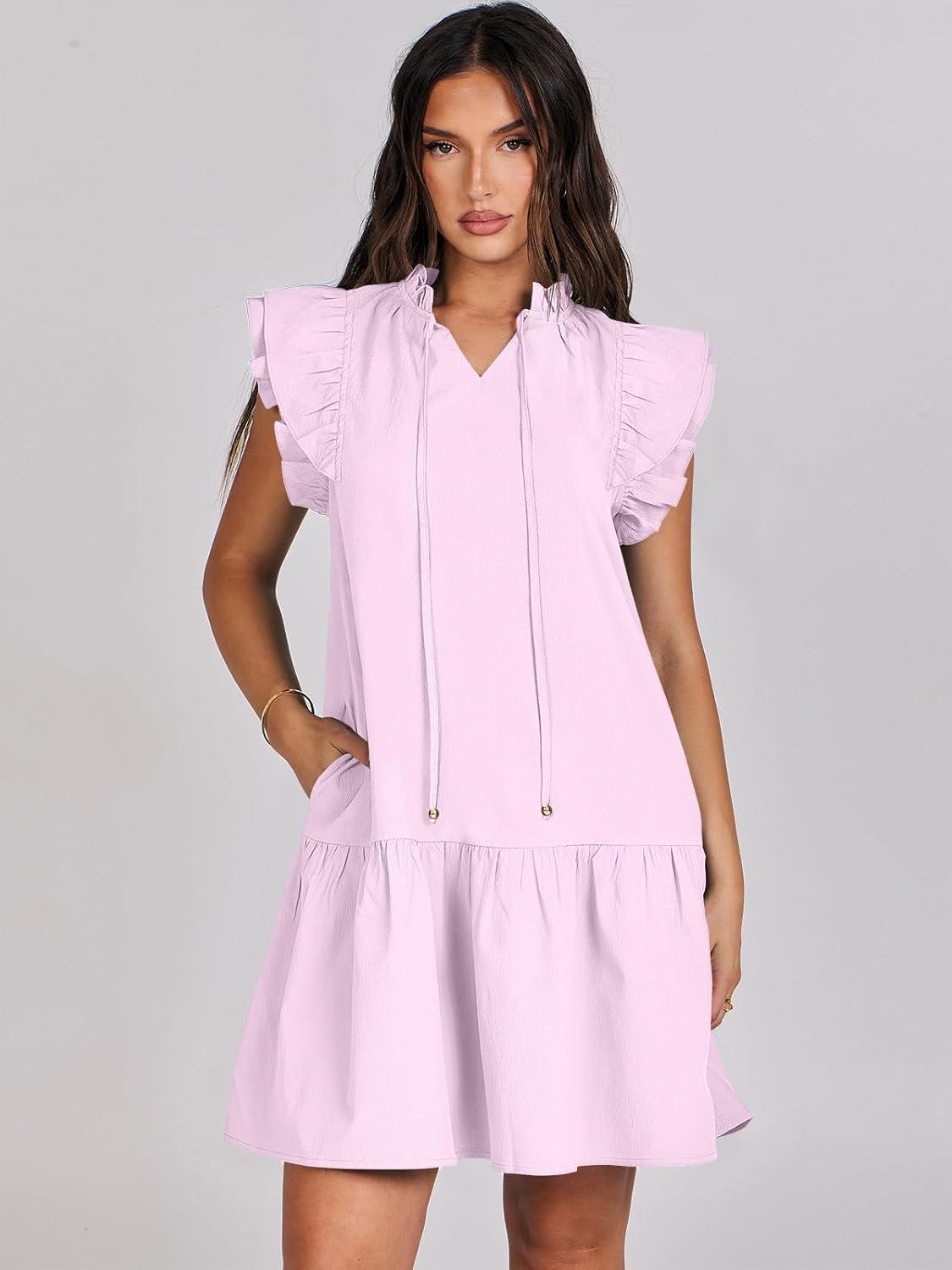 imageANRABESS Womens Summer VNeck Drawstring Ruffle Cap Short Sleeve Casual Shift Mini Dress with PocketsPink