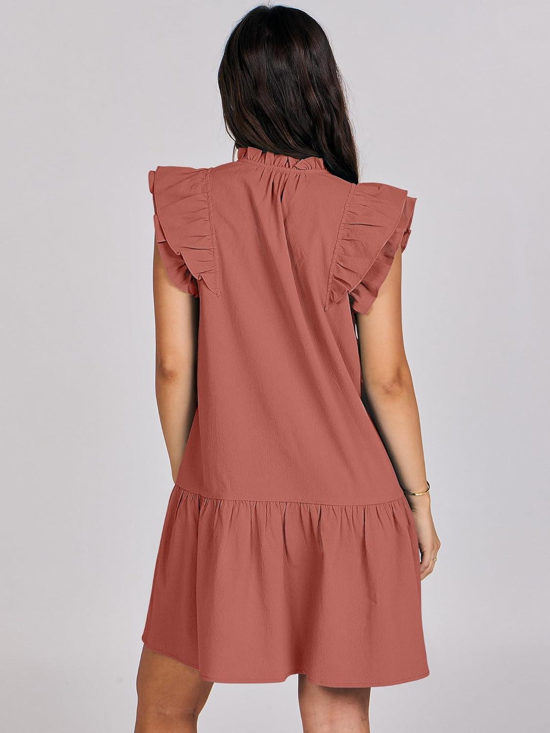 imageANRABESS Womens Summer VNeck Drawstring Ruffle Cap Short Sleeve Casual Shift Mini Dress with PocketsRust