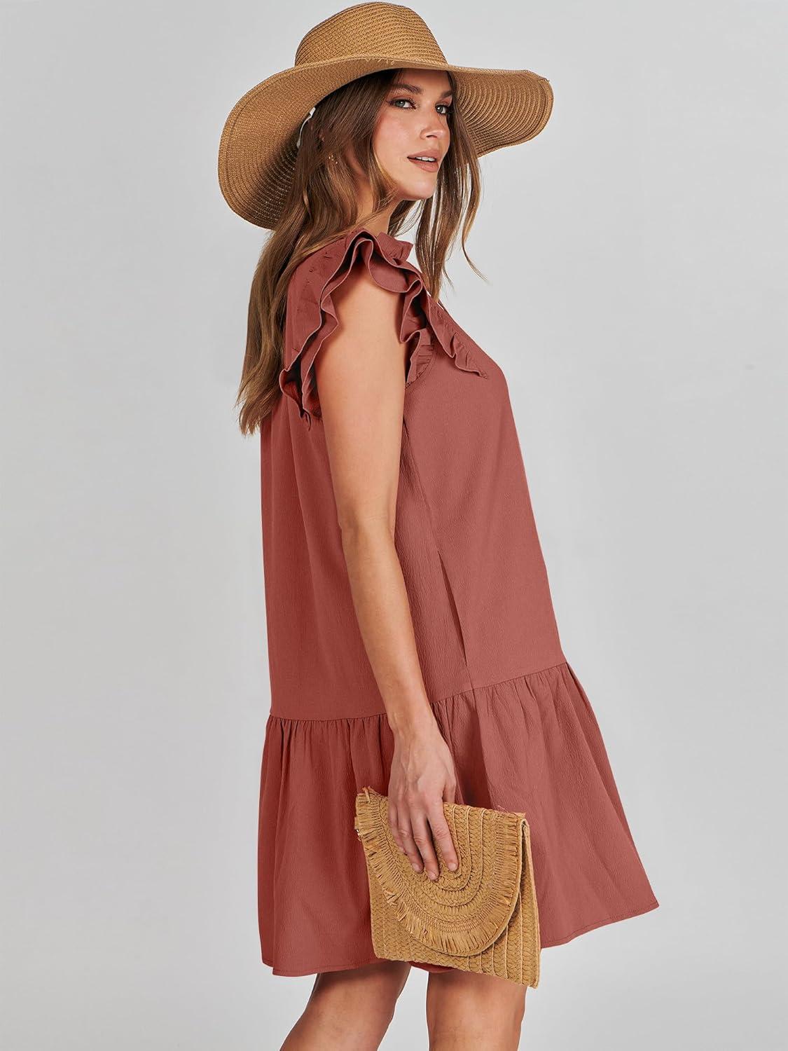 imageANRABESS Womens Summer VNeck Drawstring Ruffle Cap Short Sleeve Casual Shift Mini Dress with PocketsRust