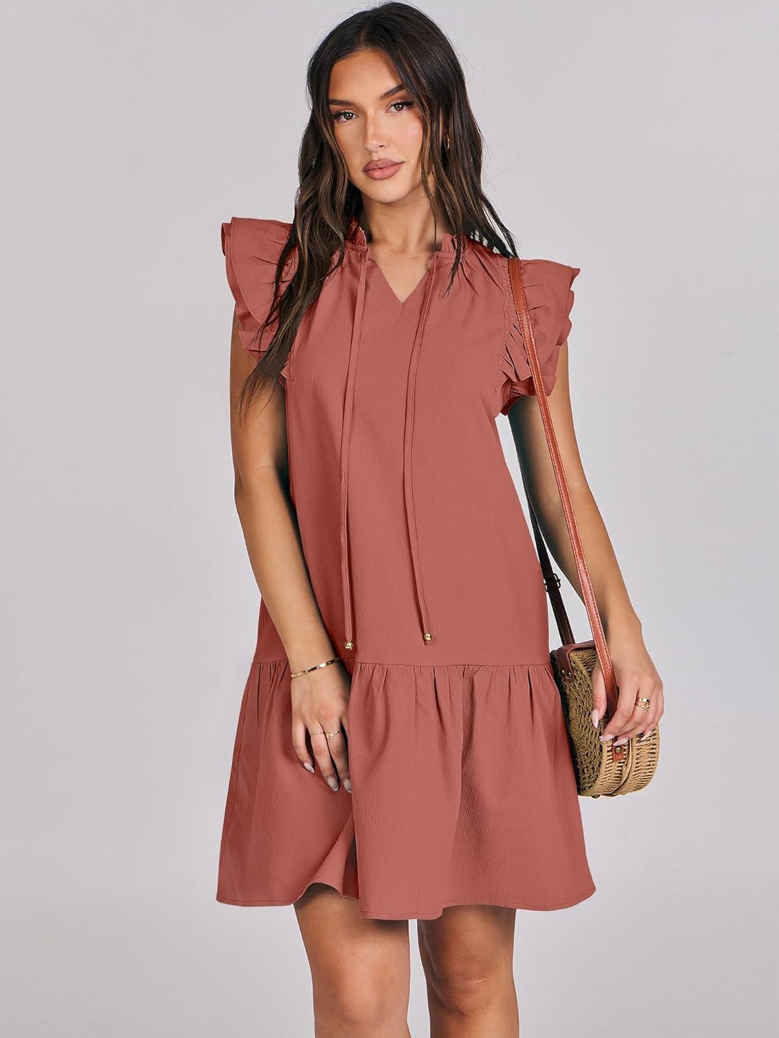 imageANRABESS Womens Summer VNeck Drawstring Ruffle Cap Short Sleeve Casual Shift Mini Dress with PocketsRust