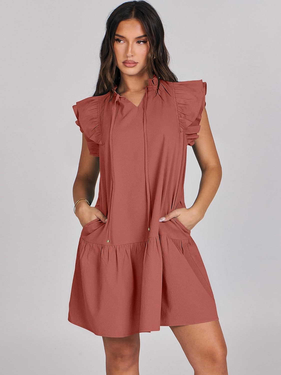 imageANRABESS Womens Summer VNeck Drawstring Ruffle Cap Short Sleeve Casual Shift Mini Dress with PocketsRust