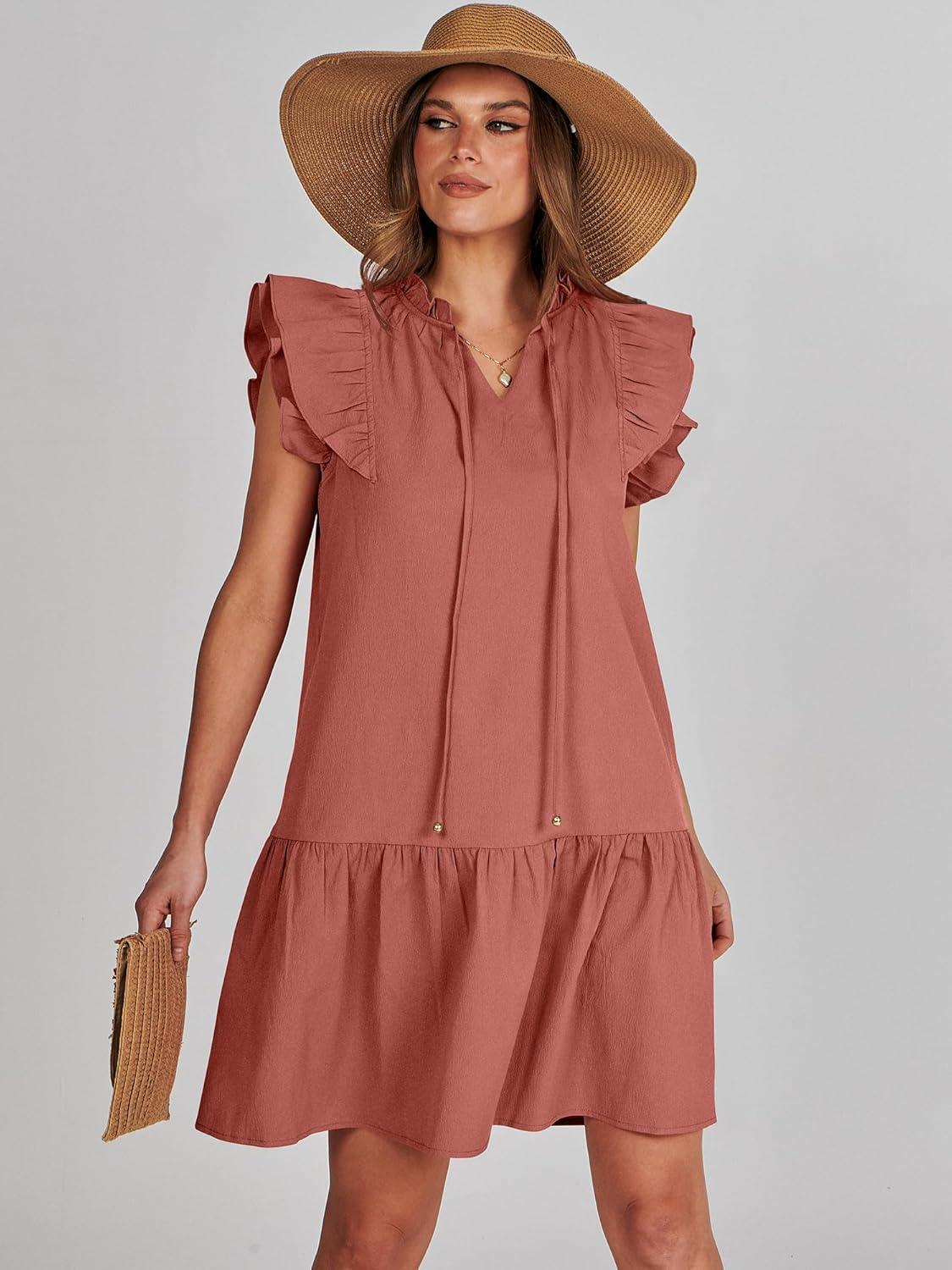 imageANRABESS Womens Summer VNeck Drawstring Ruffle Cap Short Sleeve Casual Shift Mini Dress with PocketsRust