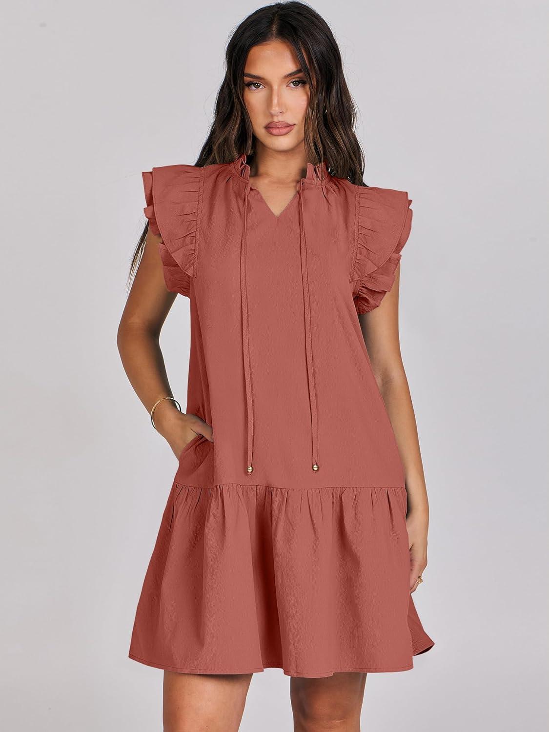 imageANRABESS Womens Summer VNeck Drawstring Ruffle Cap Short Sleeve Casual Shift Mini Dress with PocketsRust