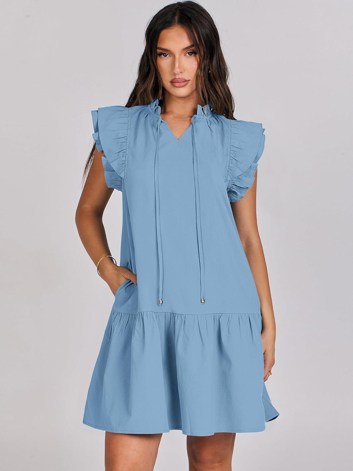 imageANRABESS Womens Summer VNeck Drawstring Ruffle Cap Short Sleeve Casual Shift Mini Dress with PocketsSky Blue