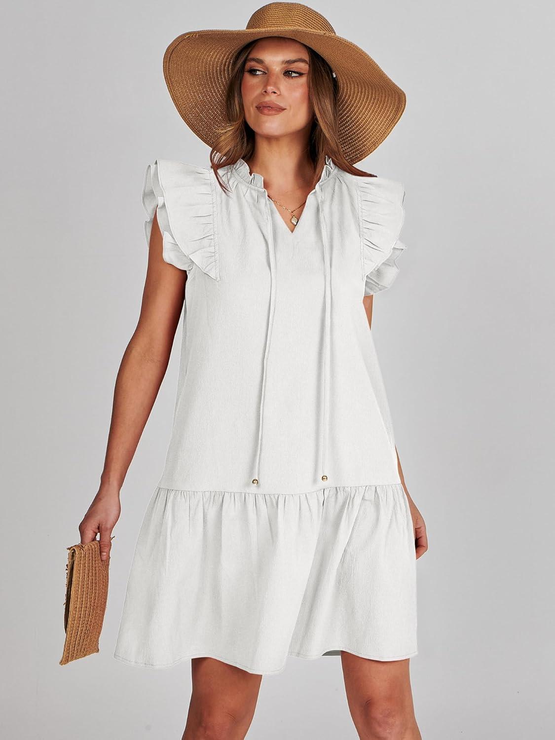 imageANRABESS Womens Summer VNeck Drawstring Ruffle Cap Short Sleeve Casual Shift Mini Dress with PocketsWhite