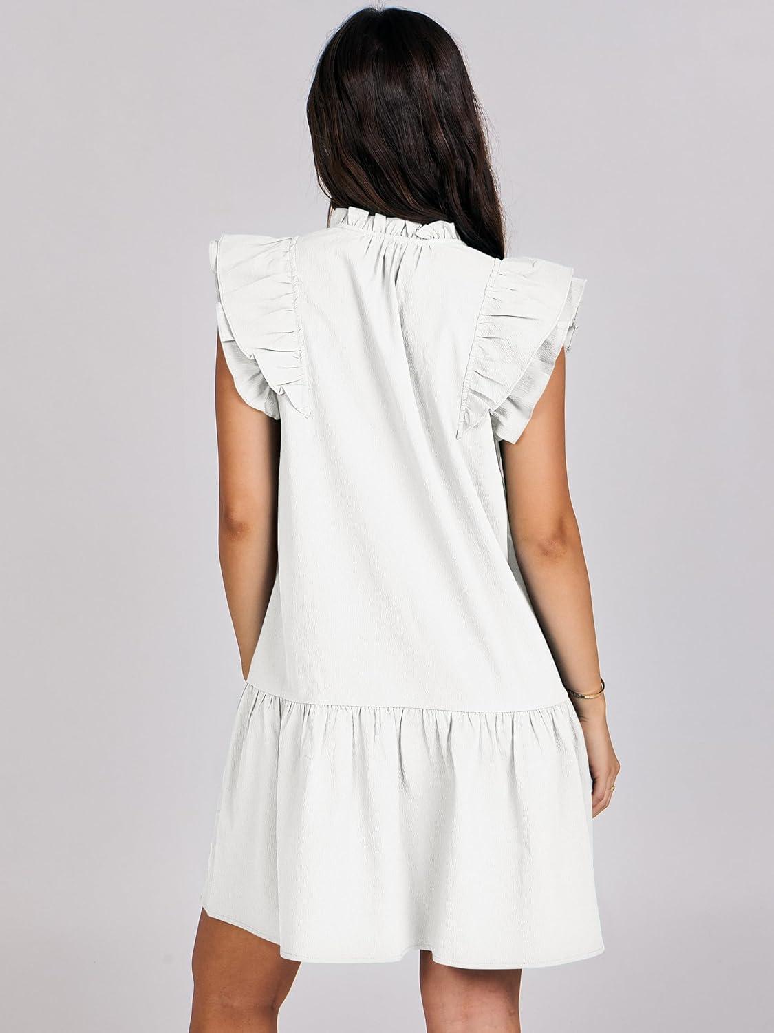 imageANRABESS Womens Summer VNeck Drawstring Ruffle Cap Short Sleeve Casual Shift Mini Dress with PocketsWhite