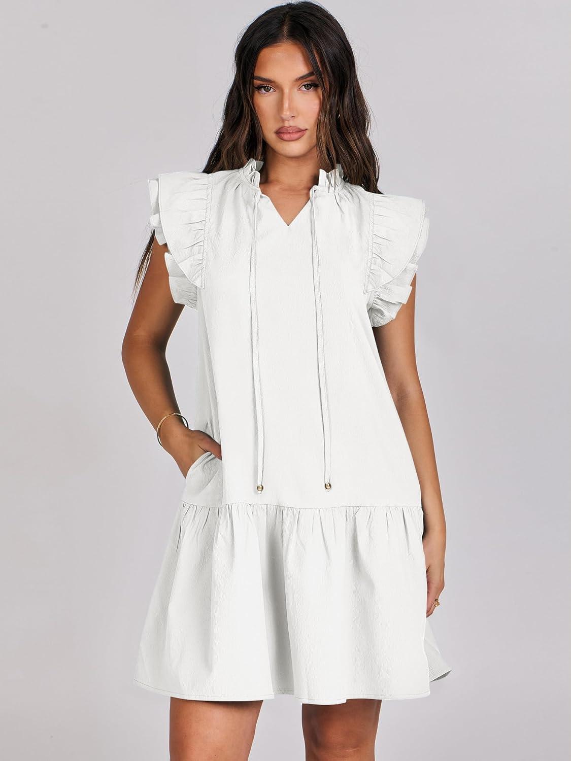 imageANRABESS Womens Summer VNeck Drawstring Ruffle Cap Short Sleeve Casual Shift Mini Dress with PocketsWhite