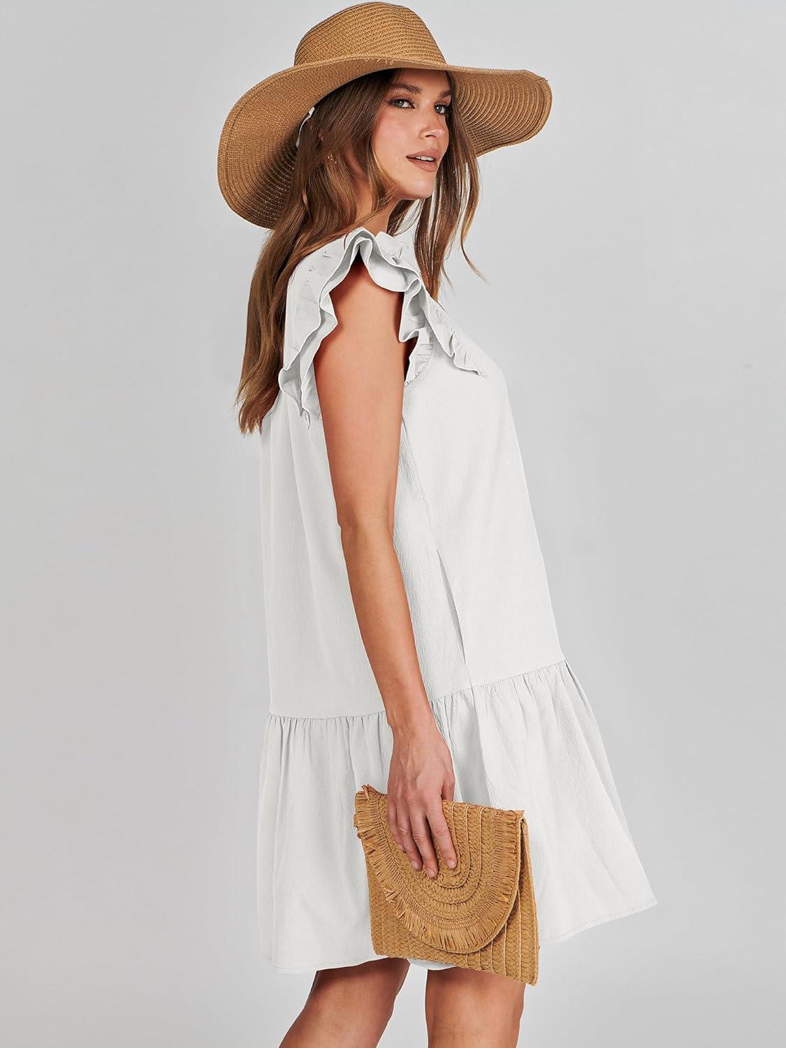 imageANRABESS Womens Summer VNeck Drawstring Ruffle Cap Short Sleeve Casual Shift Mini Dress with PocketsWhite