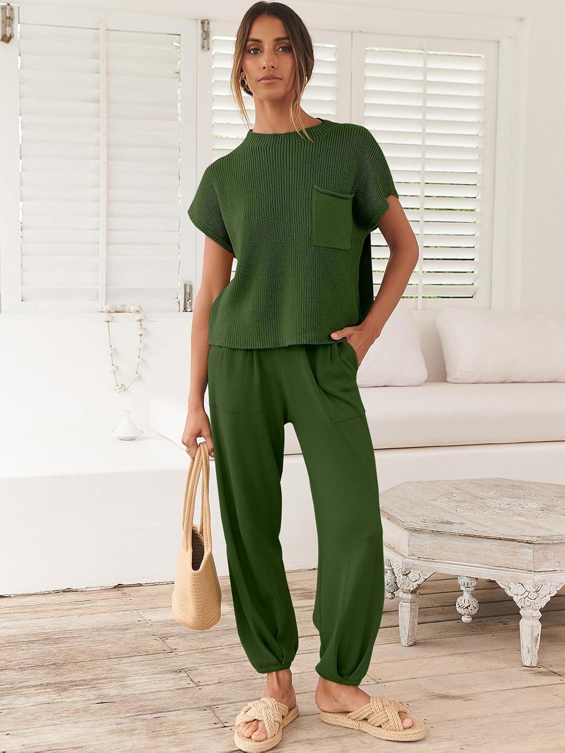 imageANRABESS Womens Two Piece Outfits Knit Sweater Vest Crop Top Pants Lounge Matching Tracksuit Sweatsuit Travel Clothes SetsArmy Green