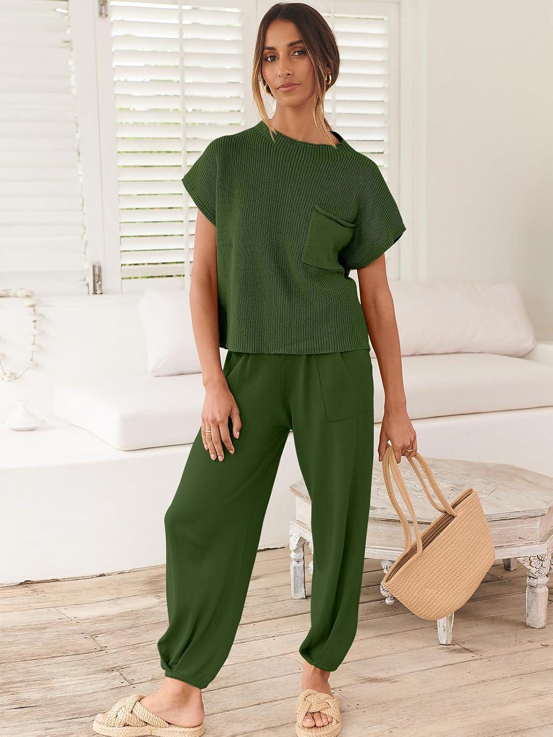 imageANRABESS Womens Two Piece Outfits Knit Sweater Vest Crop Top Pants Lounge Matching Tracksuit Sweatsuit Travel Clothes SetsArmy Green