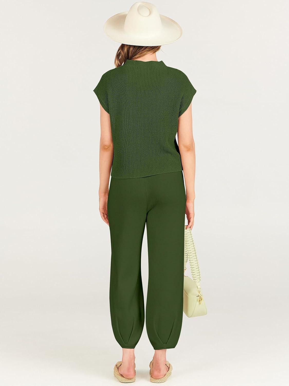 imageANRABESS Womens Two Piece Outfits Knit Sweater Vest Crop Top Pants Lounge Matching Tracksuit Sweatsuit Travel Clothes SetsArmy Green