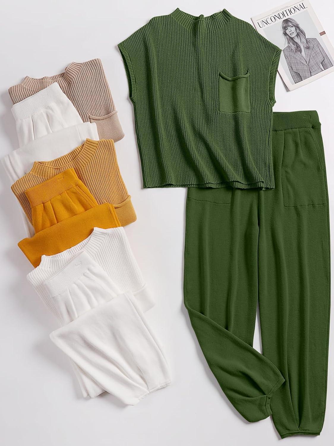 imageANRABESS Womens Two Piece Outfits Knit Sweater Vest Crop Top Pants Lounge Matching Tracksuit Sweatsuit Travel Clothes SetsArmy Green