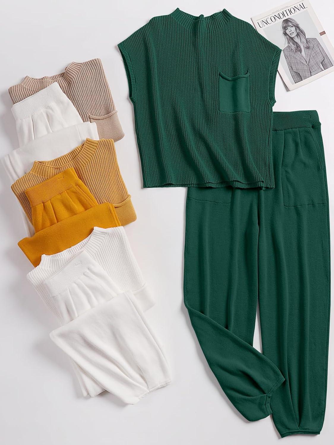 imageANRABESS Womens Two Piece Outfits Knit Sweater Vest Crop Top Pants Lounge Matching Tracksuit Sweatsuit Travel Clothes SetsDark Green