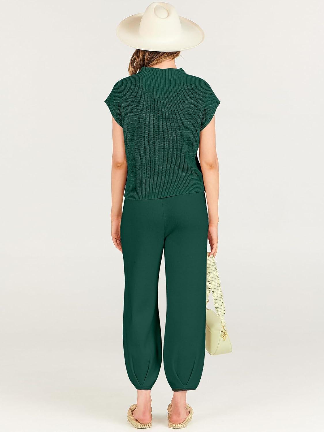 imageANRABESS Womens Two Piece Outfits Knit Sweater Vest Crop Top Pants Lounge Matching Tracksuit Sweatsuit Travel Clothes SetsDark Green