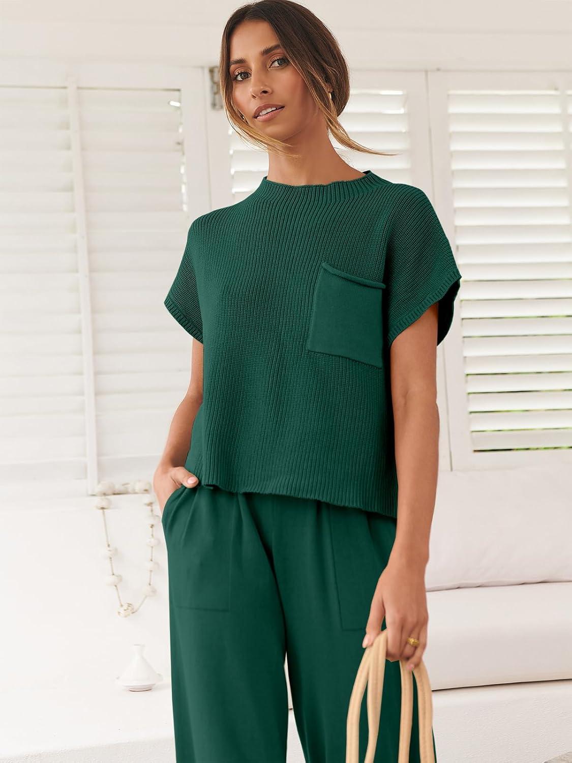 imageANRABESS Womens Two Piece Outfits Knit Sweater Vest Crop Top Pants Lounge Matching Tracksuit Sweatsuit Travel Clothes SetsDark Green