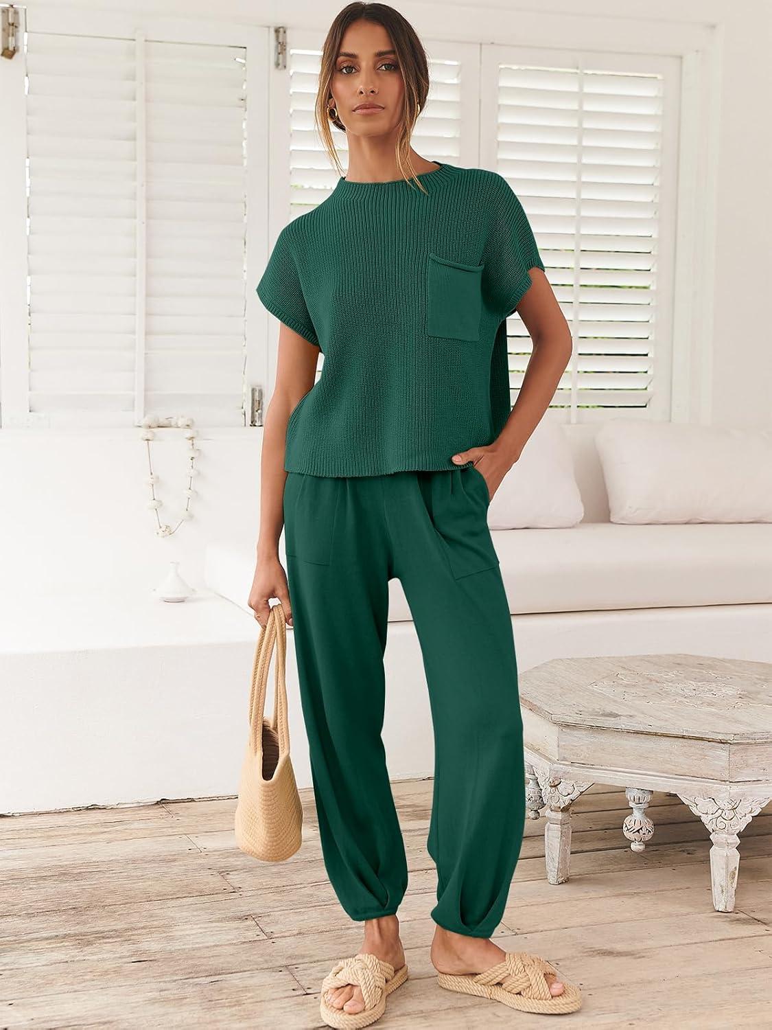 imageANRABESS Womens Two Piece Outfits Knit Sweater Vest Crop Top Pants Lounge Matching Tracksuit Sweatsuit Travel Clothes SetsDark Green