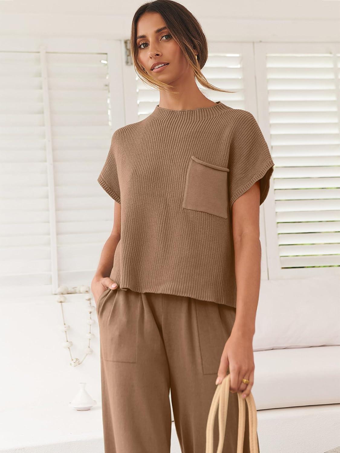 imageANRABESS Womens Two Piece Outfits Knit Sweater Vest Crop Top Pants Lounge Matching Tracksuit Sweatsuit Travel Clothes SetsDeep Brown