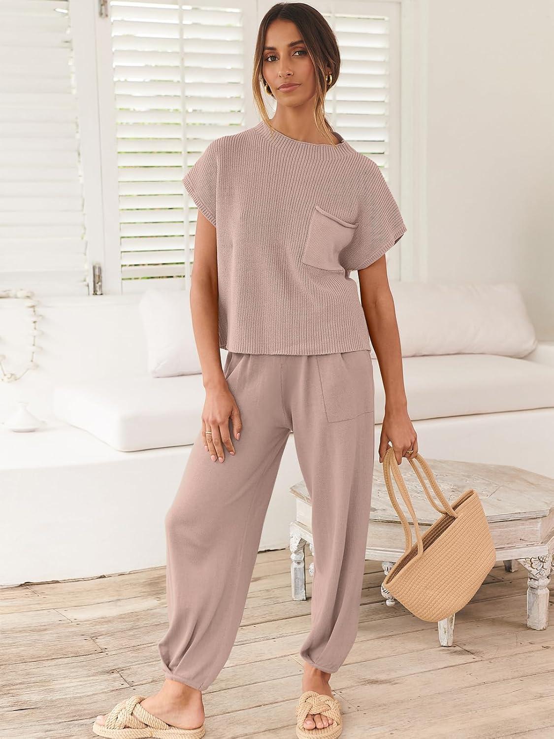 imageANRABESS Womens Two Piece Outfits Knit Sweater Vest Crop Top Pants Lounge Matching Tracksuit Sweatsuit Travel Clothes SetsLight Pink