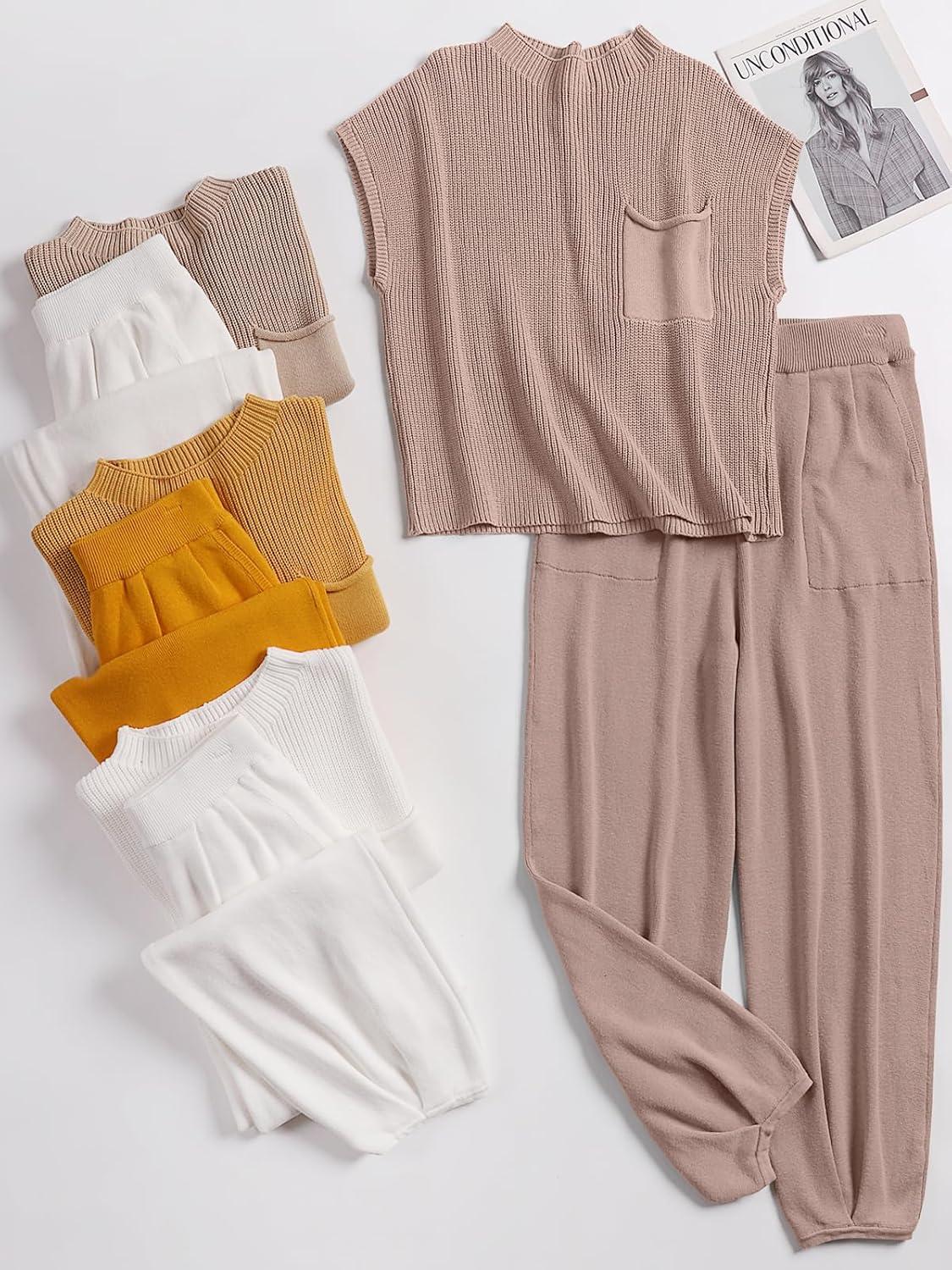 imageANRABESS Womens Two Piece Outfits Knit Sweater Vest Crop Top Pants Lounge Matching Tracksuit Sweatsuit Travel Clothes SetsLight Pink