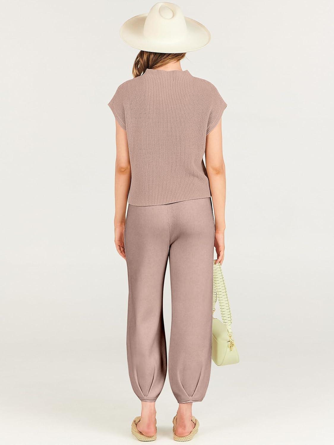 imageANRABESS Womens Two Piece Outfits Knit Sweater Vest Crop Top Pants Lounge Matching Tracksuit Sweatsuit Travel Clothes SetsLight Pink