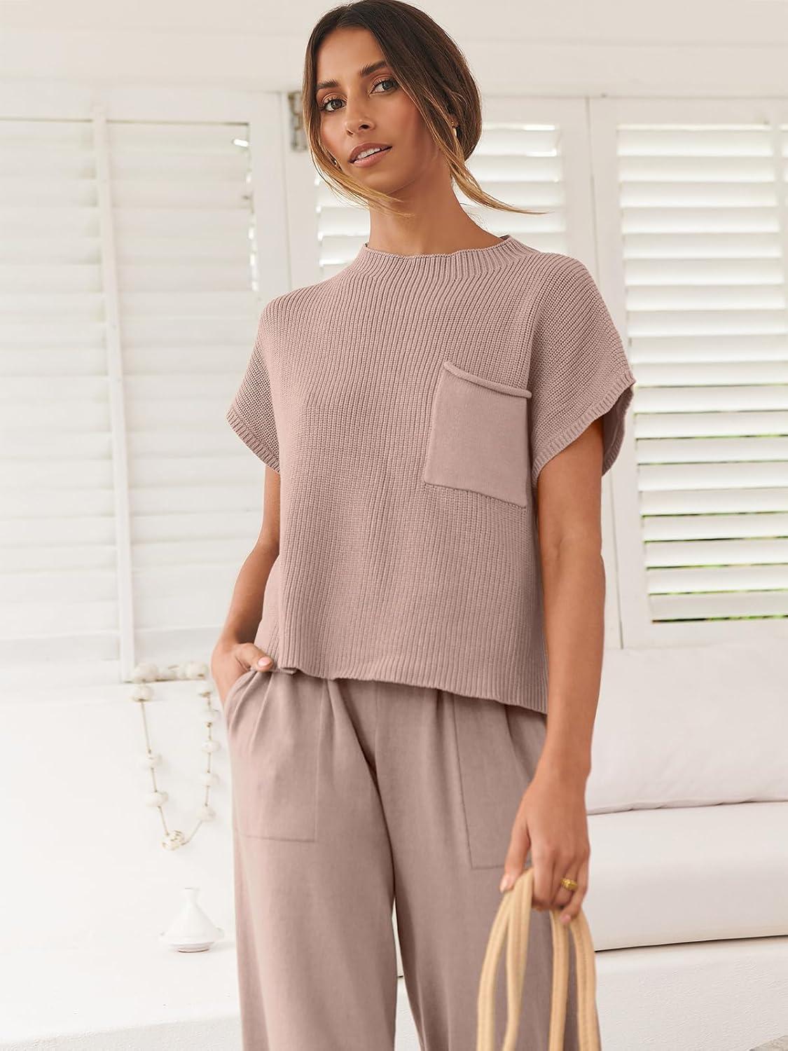 imageANRABESS Womens Two Piece Outfits Knit Sweater Vest Crop Top Pants Lounge Matching Tracksuit Sweatsuit Travel Clothes SetsLight Pink