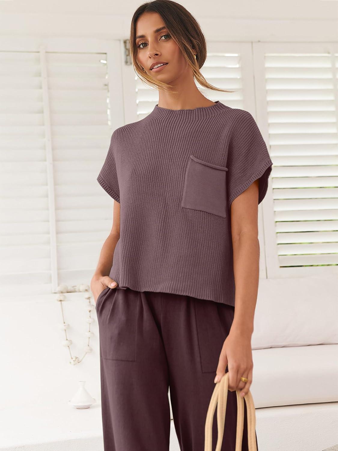 imageANRABESS Womens Two Piece Outfits Knit Sweater Vest Crop Top Pants Lounge Matching Tracksuit Sweatsuit Travel Clothes SetsNutmeg