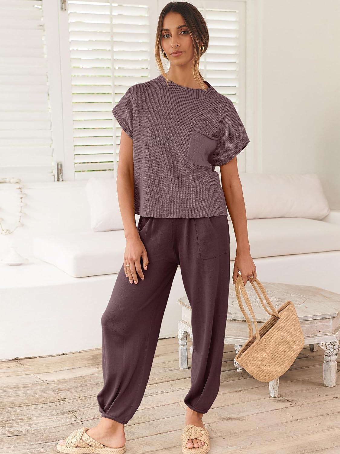 imageANRABESS Womens Two Piece Outfits Knit Sweater Vest Crop Top Pants Lounge Matching Tracksuit Sweatsuit Travel Clothes SetsNutmeg