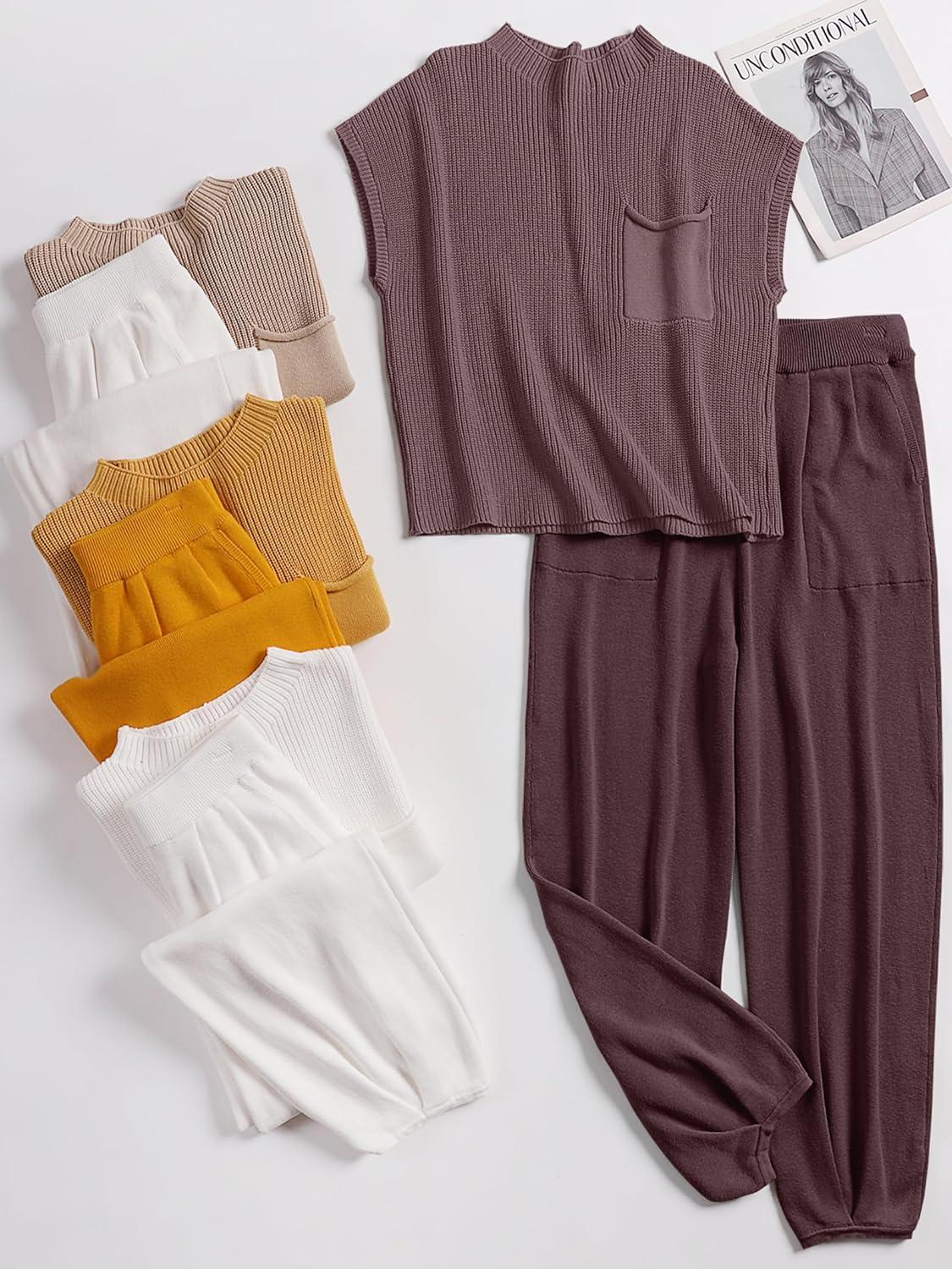 imageANRABESS Womens Two Piece Outfits Knit Sweater Vest Crop Top Pants Lounge Matching Tracksuit Sweatsuit Travel Clothes SetsNutmeg