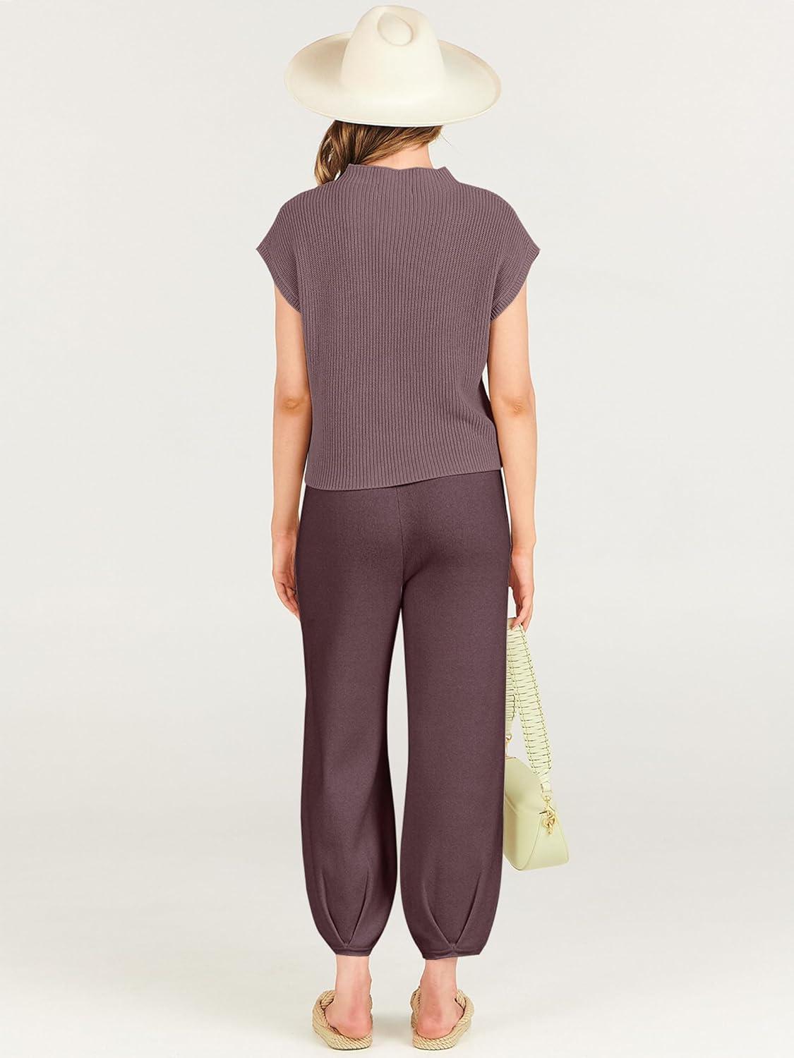 imageANRABESS Womens Two Piece Outfits Knit Sweater Vest Crop Top Pants Lounge Matching Tracksuit Sweatsuit Travel Clothes SetsNutmeg