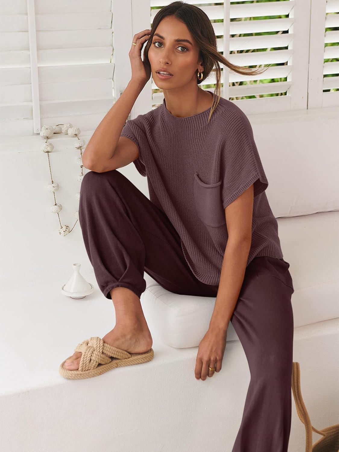 imageANRABESS Womens Two Piece Outfits Knit Sweater Vest Crop Top Pants Lounge Matching Tracksuit Sweatsuit Travel Clothes SetsNutmeg