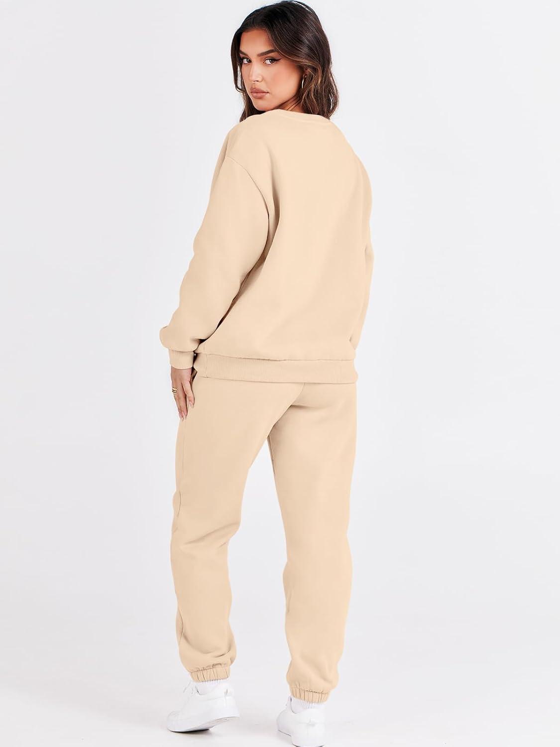 imageANRABESS Womens Two Piece Outfits Sweatsuit Lounge Set Long Sleeve Crewneck Sweatshirt Jogger Pants Tracksuit 2025 Fall SetsBeige