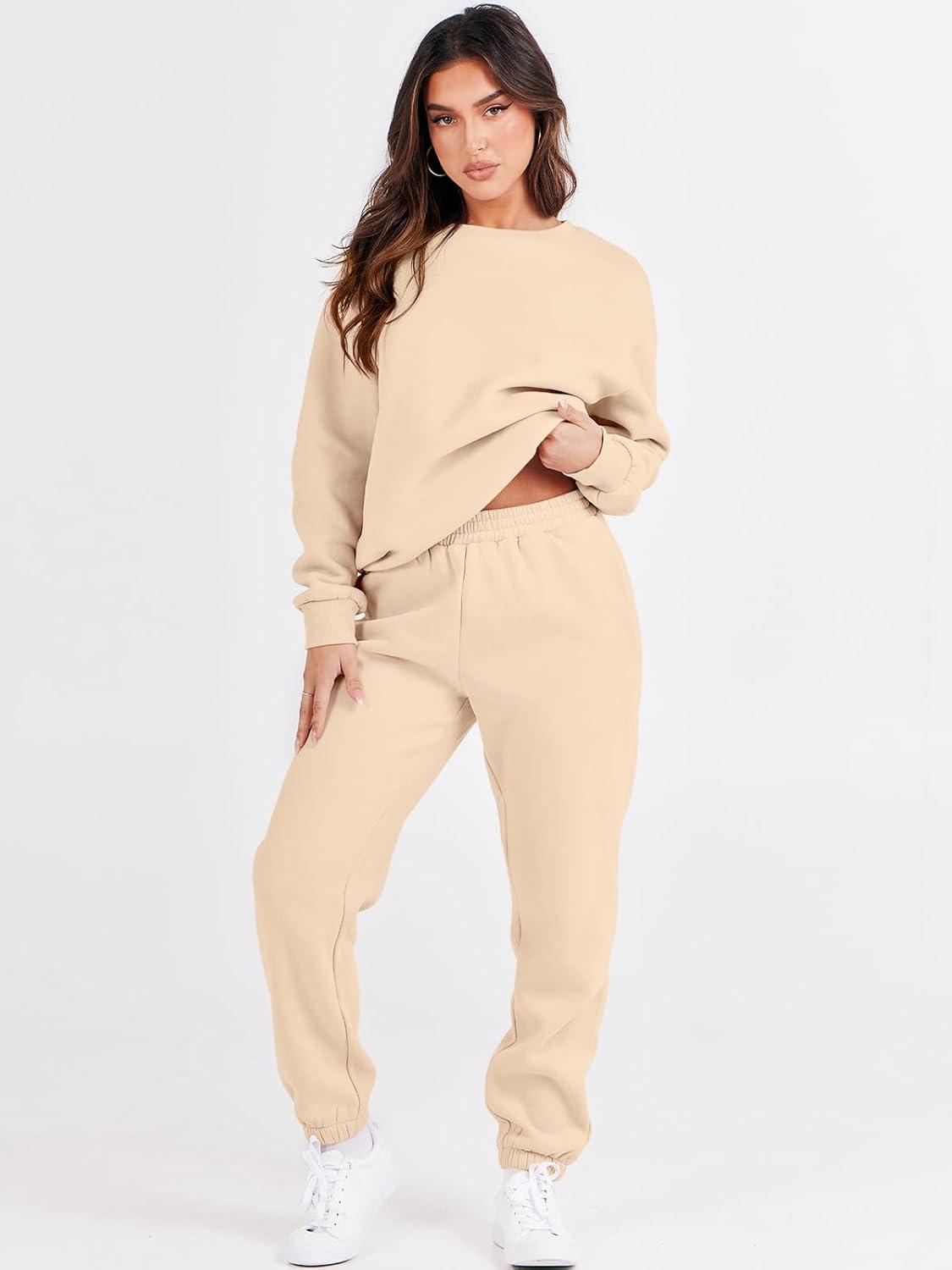 imageANRABESS Womens Two Piece Outfits Sweatsuit Lounge Set Long Sleeve Crewneck Sweatshirt Jogger Pants Tracksuit 2025 Fall SetsBeige