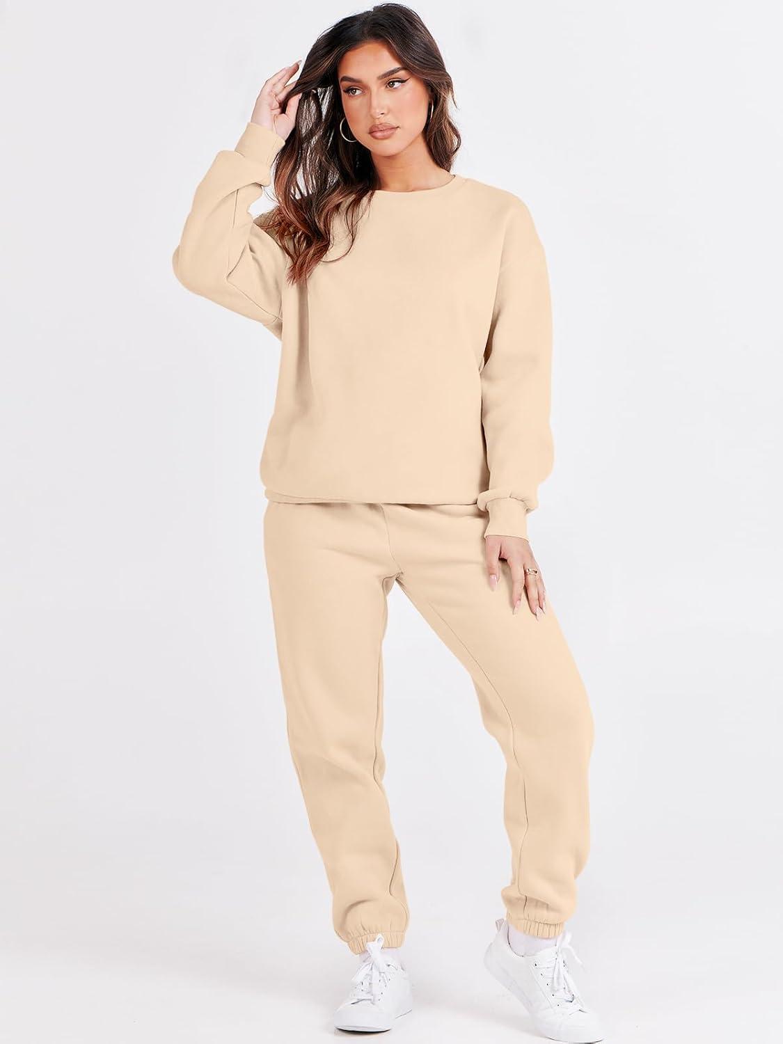imageANRABESS Womens Two Piece Outfits Sweatsuit Lounge Set Long Sleeve Crewneck Sweatshirt Jogger Pants Tracksuit 2025 Fall SetsBeige