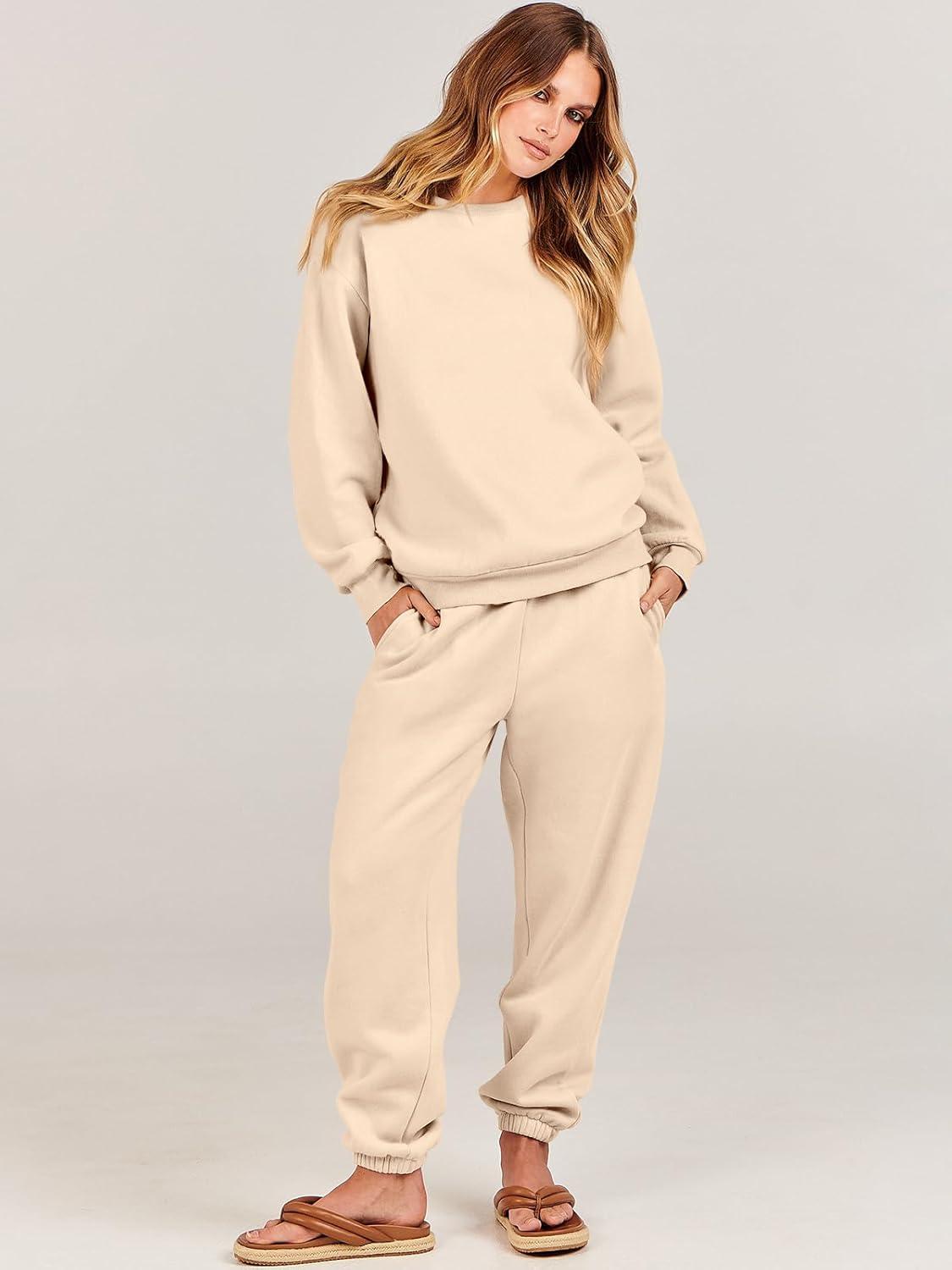 imageANRABESS Womens Two Piece Outfits Sweatsuit Lounge Set Long Sleeve Crewneck Sweatshirt Jogger Pants Tracksuit 2025 Fall SetsBeige