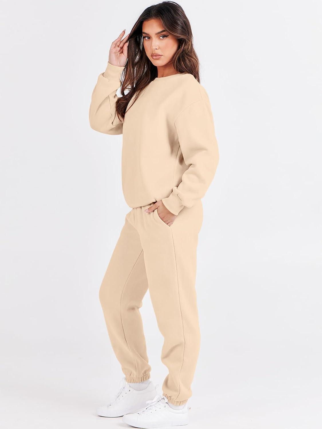 imageANRABESS Womens Two Piece Outfits Sweatsuit Lounge Set Long Sleeve Crewneck Sweatshirt Jogger Pants Tracksuit 2025 Fall SetsBeige