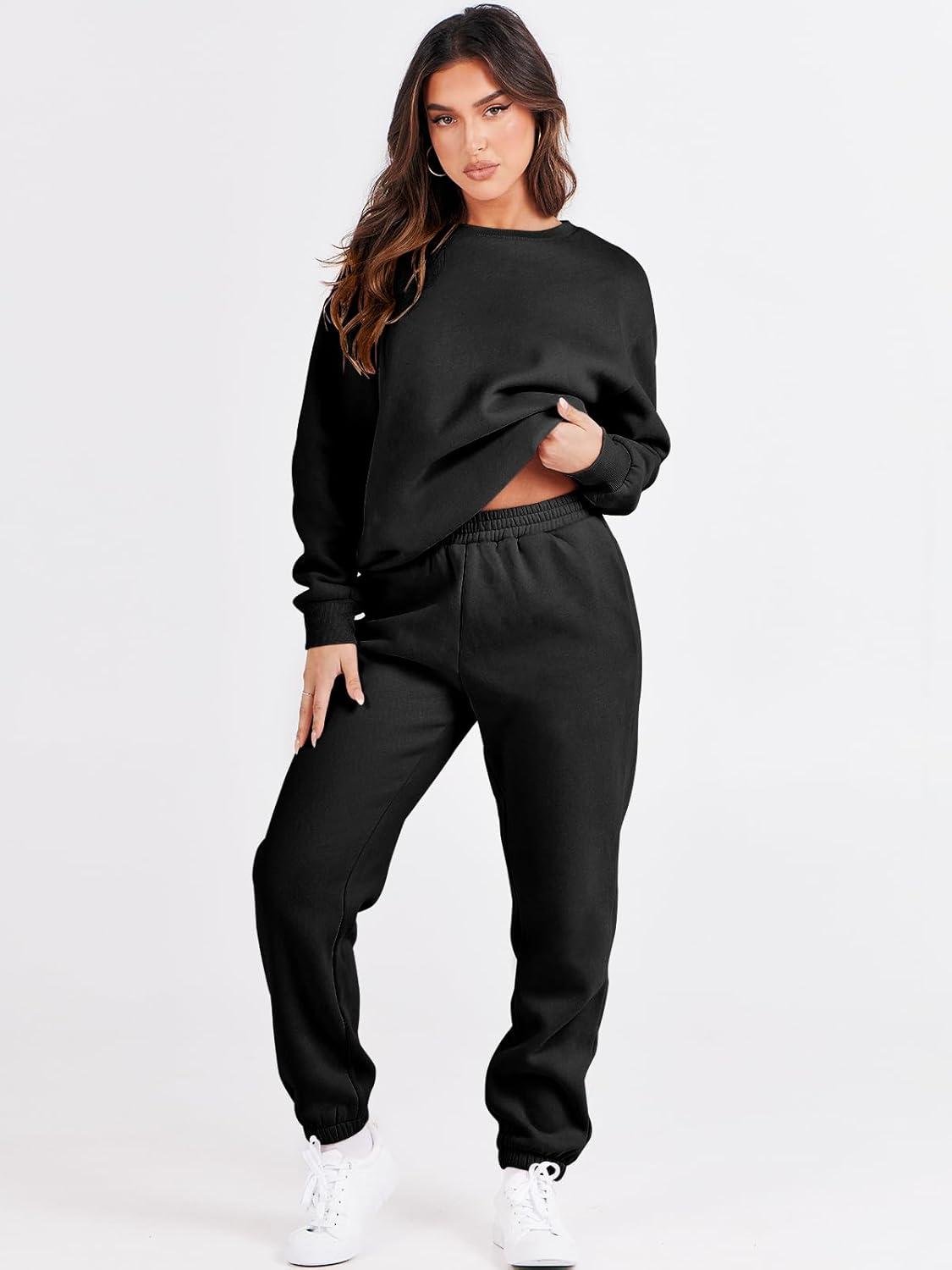 imageANRABESS Womens Two Piece Outfits Sweatsuit Lounge Set Long Sleeve Crewneck Sweatshirt Jogger Pants Tracksuit 2025 Fall SetsBlack