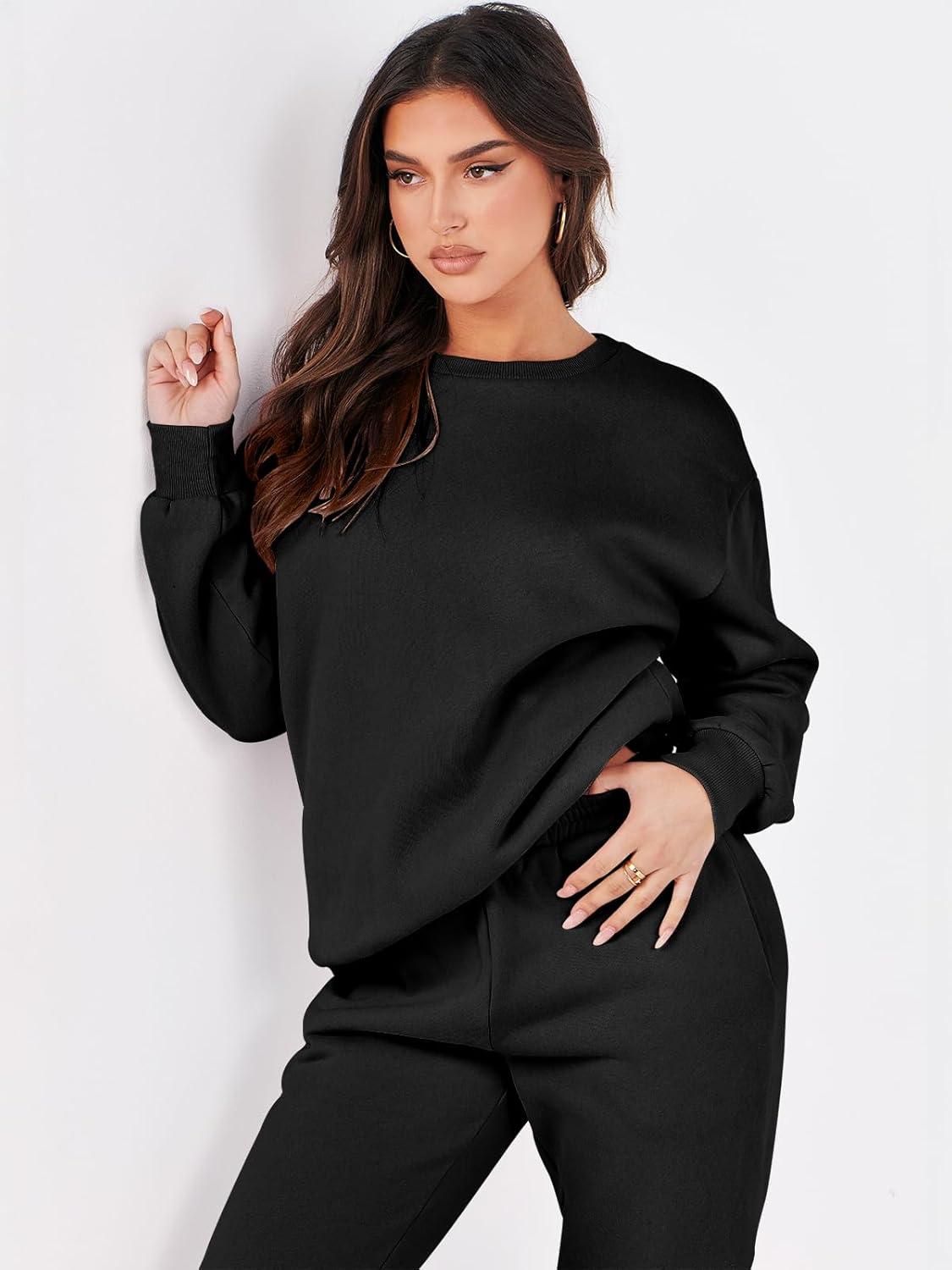 imageANRABESS Womens Two Piece Outfits Sweatsuit Lounge Set Long Sleeve Crewneck Sweatshirt Jogger Pants Tracksuit 2025 Fall SetsBlack