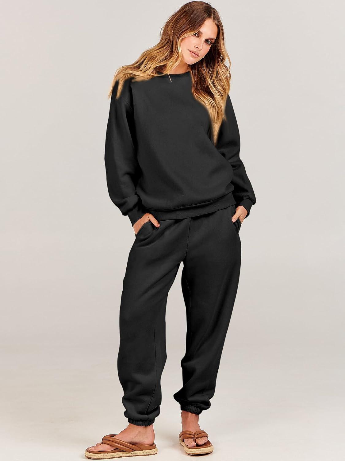 imageANRABESS Womens Two Piece Outfits Sweatsuit Lounge Set Long Sleeve Crewneck Sweatshirt Jogger Pants Tracksuit 2025 Fall SetsBlack