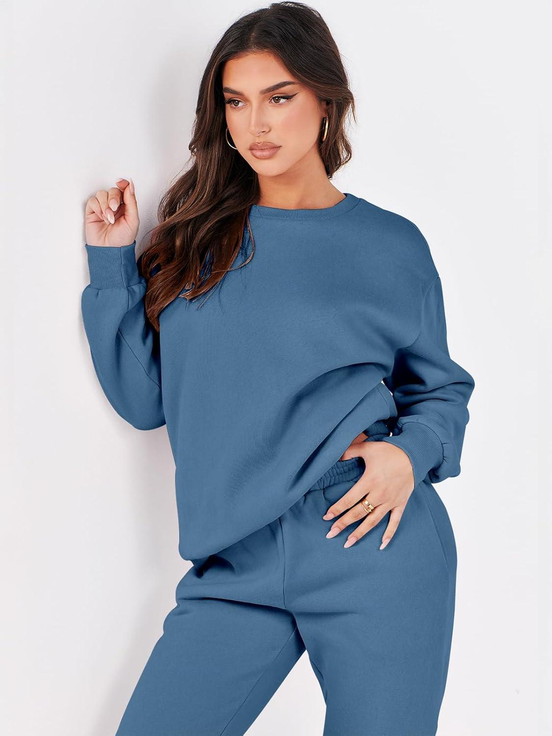imageANRABESS Womens Two Piece Outfits Sweatsuit Lounge Set Long Sleeve Crewneck Sweatshirt Jogger Pants Tracksuit 2025 Fall SetsBlue