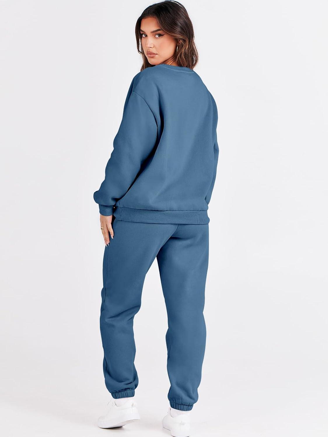 imageANRABESS Womens Two Piece Outfits Sweatsuit Lounge Set Long Sleeve Crewneck Sweatshirt Jogger Pants Tracksuit 2025 Fall SetsBlue