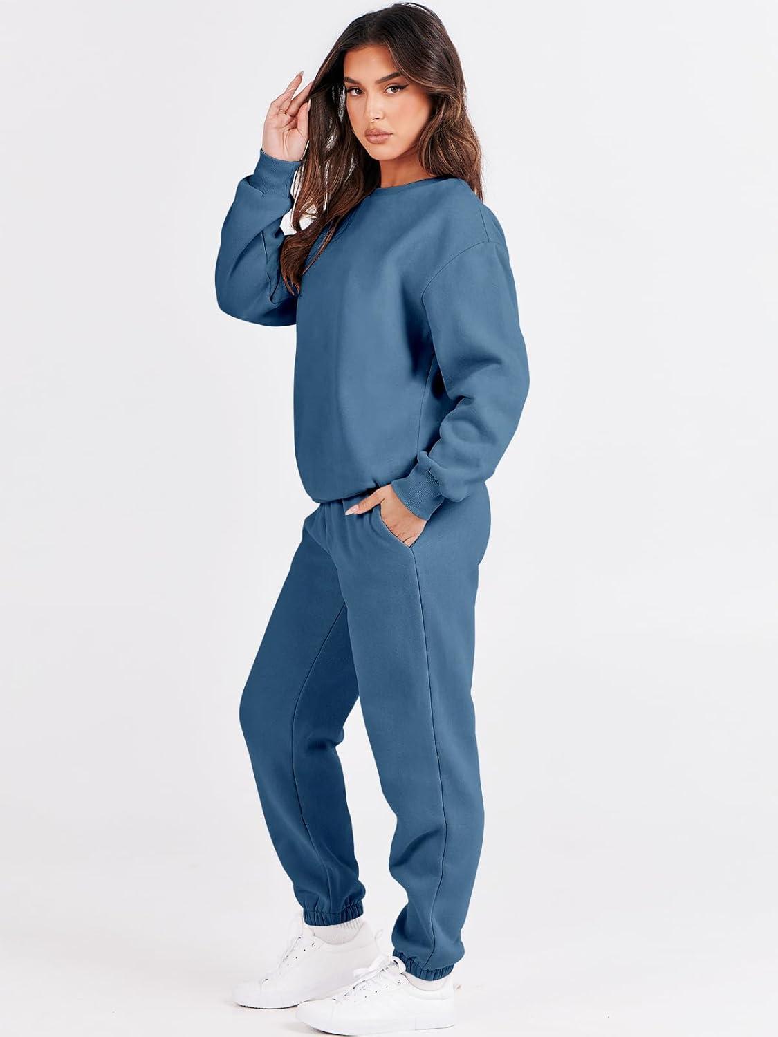 imageANRABESS Womens Two Piece Outfits Sweatsuit Lounge Set Long Sleeve Crewneck Sweatshirt Jogger Pants Tracksuit 2025 Fall SetsBlue