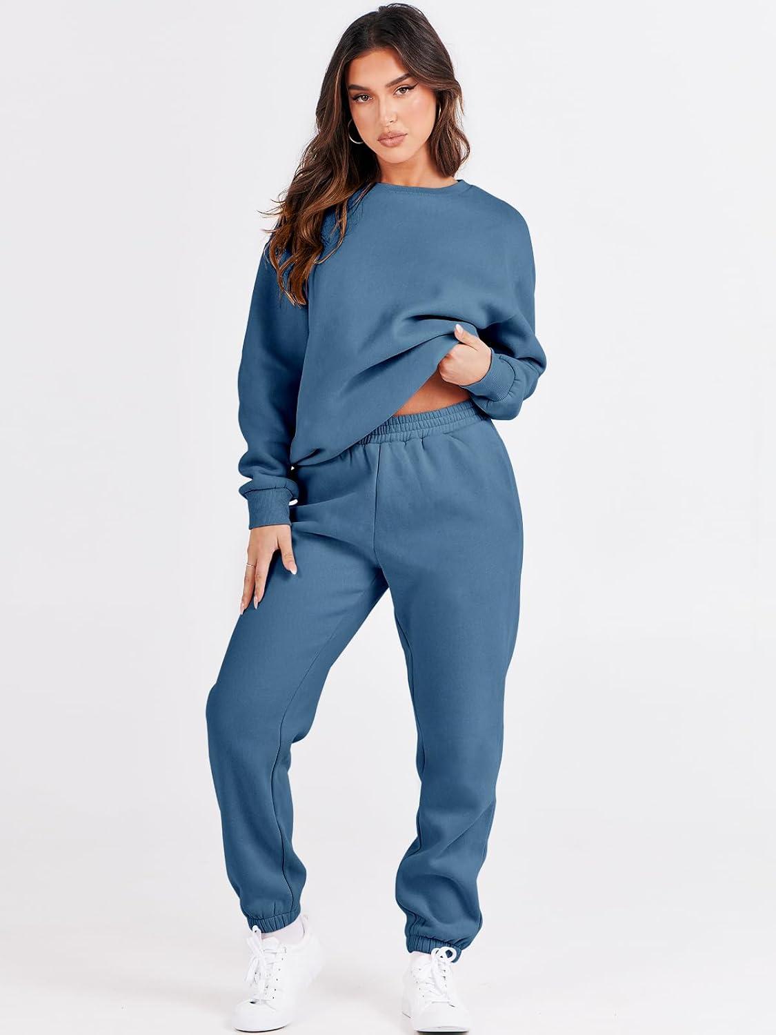 imageANRABESS Womens Two Piece Outfits Sweatsuit Lounge Set Long Sleeve Crewneck Sweatshirt Jogger Pants Tracksuit 2025 Fall SetsBlue