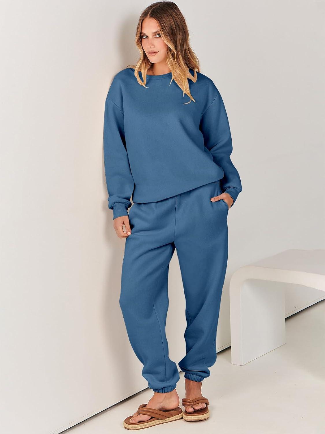 imageANRABESS Womens Two Piece Outfits Sweatsuit Lounge Set Long Sleeve Crewneck Sweatshirt Jogger Pants Tracksuit 2025 Fall SetsBlue