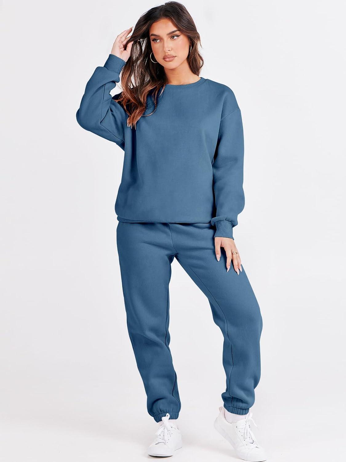 imageANRABESS Womens Two Piece Outfits Sweatsuit Lounge Set Long Sleeve Crewneck Sweatshirt Jogger Pants Tracksuit 2025 Fall SetsBlue